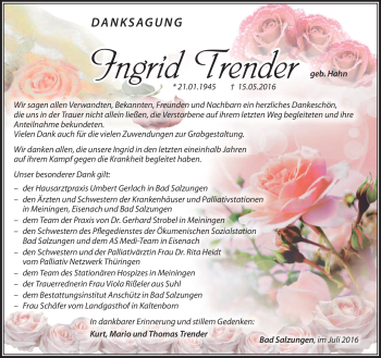 Traueranzeige von Ingrid Trender von Südthüringer Presse