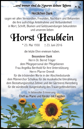 Traueranzeige von Horst Heublein von Südthüringer Presse