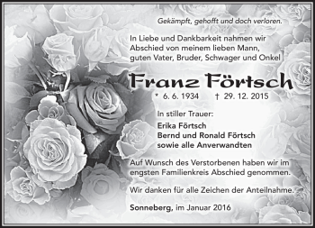 Traueranzeige von Franz Förtsch von Südthüringer Presse
