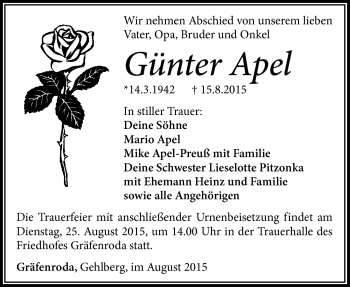 Traueranzeige von Günter Apel von Südthüringer Presse