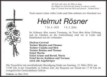 Traueranzeige von Helmut Rösner von Südthüringer Presse