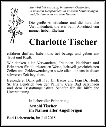 Traueranzeige von Charlotte Tischer von Südthüringer Presse