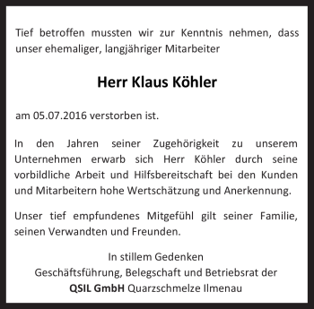 Traueranzeige von Klaus Köhler von Südthüringer Presse