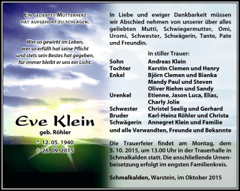 Traueranzeige von Eve Klein von Südthüringer Presse