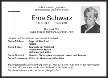 Traueranzeige von Erna Schwarz von Frankenpost