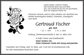 Traueranzeige von Gertraud Fischer von Frankenpost