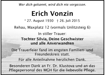 Traueranzeige von Erich Vonzin von Frankenpost