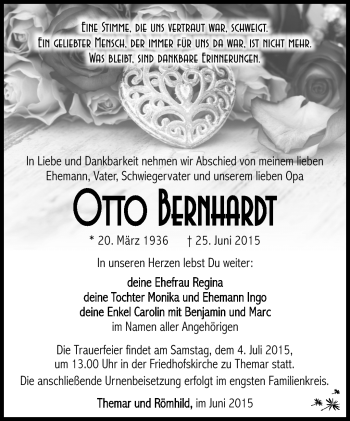 Traueranzeige von Otto Bernhardt von Südthüringer Presse