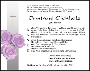 Traueranzeige von Irmtraut Eichholz von Südthüringer Presse