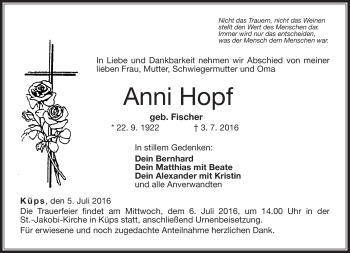 Traueranzeige von Anni Hopf von Neue Presse Coburg