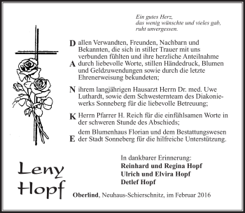 Traueranzeige von Leny Hopf von Südthüringer Presse