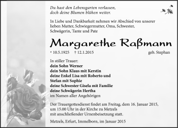 Traueranzeige von Margarethe Raßmann von Südthüringer Presse