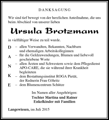 Traueranzeige von Ursula Brotzmann von Südthüringer Presse