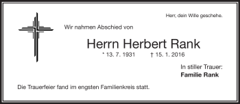 Traueranzeige von Herbert Rank von Frankenpost