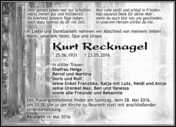 Traueranzeige von Kurt Recknagel von Südthüringer Presse