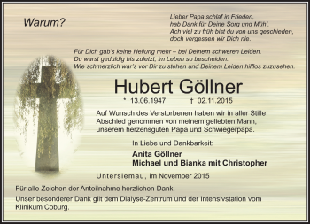 Traueranzeige von Hubert Göllner von Neue Presse Coburg
