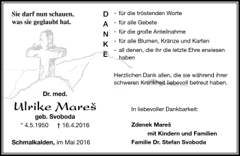 Traueranzeige von Ulrike Mares von Südthüringer Presse