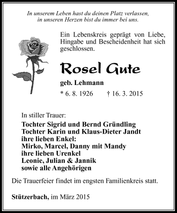 Traueranzeige von rosel Gute von Südthüringer Presse