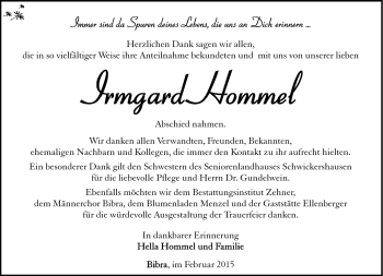 Traueranzeige von Irmgard Hommel von Südthüringer Presse