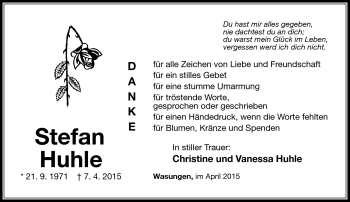 Traueranzeige von Stefan Huhle von Südthüringer Presse