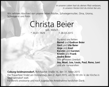 Traueranzeige von Christa Beier von Neue Presse Coburg