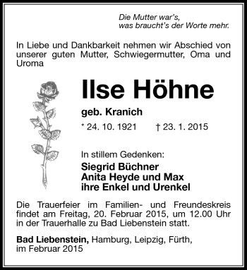 Traueranzeige von Ilse Höhne von Südthüringer Presse
