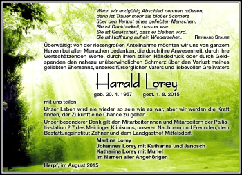 Traueranzeige von Harald lorey von Südthüringer Presse