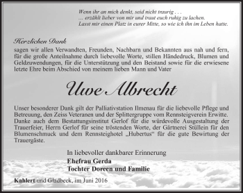 Traueranzeige von Uwe Albrecht von Südthüringer Presse