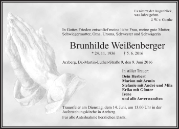Traueranzeige von Brunhilde Weißenberger von Frankenpost