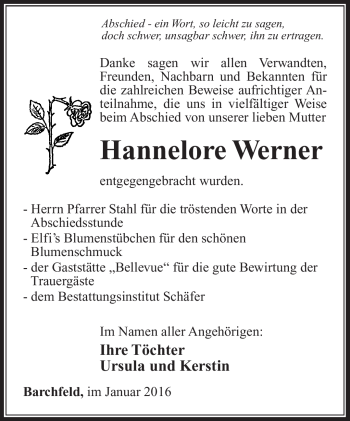 Traueranzeige von Hannelore Werner von Südthüringer Presse