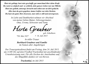 Traueranzeige von Herta Graubner von Südthüringer Presse