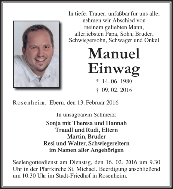 Traueranzeige von Manuel Einwag von Neue Presse Coburg