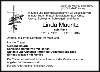 Traueranzeige von Linda Mauritz von Frankenpost
