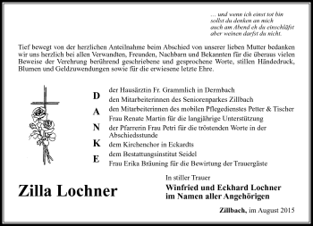 Traueranzeige von Zilla Lochner von Südthüringer Presse