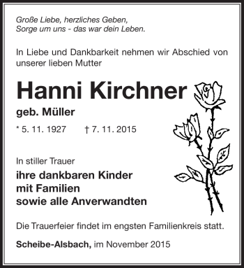 Traueranzeige von Hanni Kirchner von Südthüringer Presse