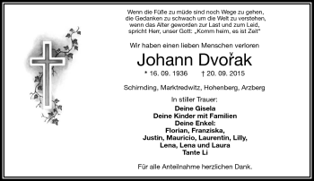 Traueranzeige von Johann Dvorak von Frankenpost
