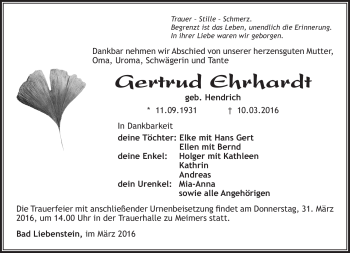 Traueranzeige von Gertrud Ehrhardt von Südthüringer Presse