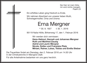 Traueranzeige von Erna Mergner von Frankenpost