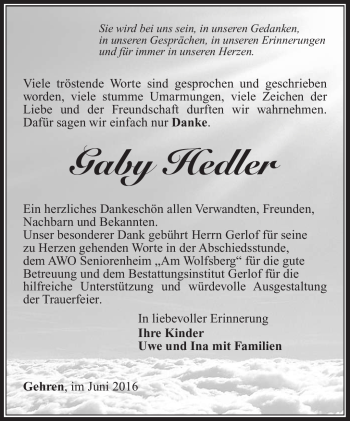 Traueranzeige von Gabriele Hedler von Südthüringer Presse