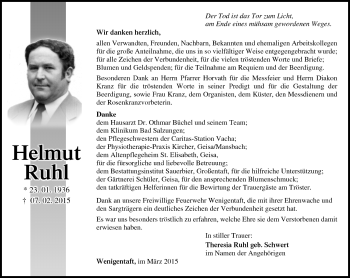Traueranzeige von Helmut Ruhl von Südthüringer Presse
