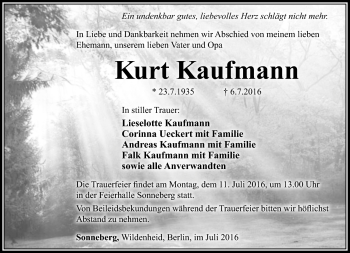 Traueranzeige von Kurt Kaufmann von Südthüringer Presse
