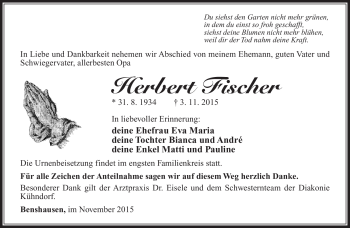 Traueranzeige von Herbert Fischer von Südthüringer Presse