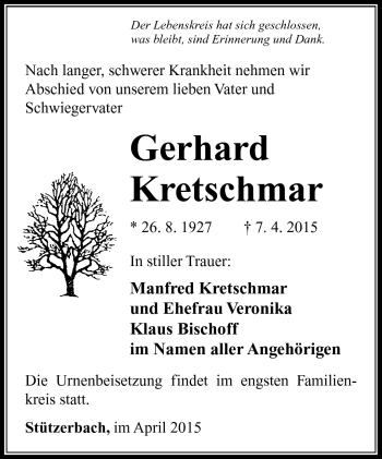 Traueranzeige von Gerhard Kretschmar von Südthüringer Presse