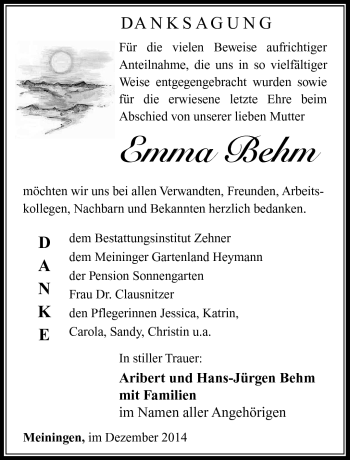 Traueranzeige von Emma Behm von Südthüringer Presse