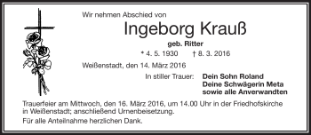 Traueranzeige von Ingeborg Krauß von Frankenpost