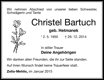 Traueranzeige von Christel Bartuch von Südthüringer Presse