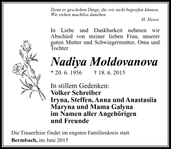 Traueranzeige von Nadiya Moldovanova von Südthüringer Presse