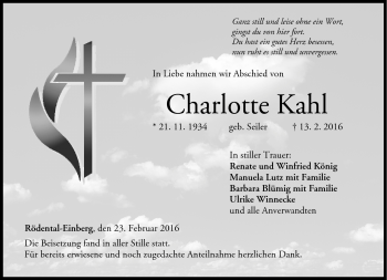 Traueranzeige von Charlotte Kahl von Neue Presse Coburg