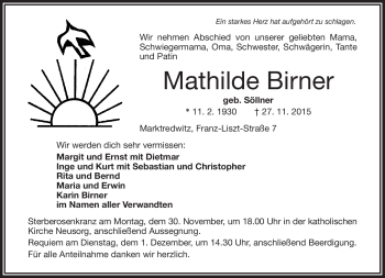 Traueranzeige von Mathilde Birner von Frankenpost