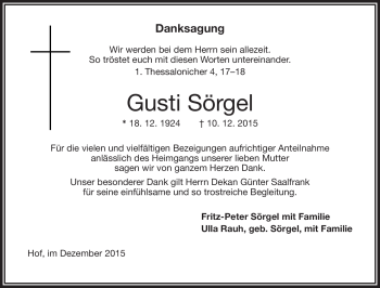 Traueranzeige von Gusti Sörgel von Frankenpost
